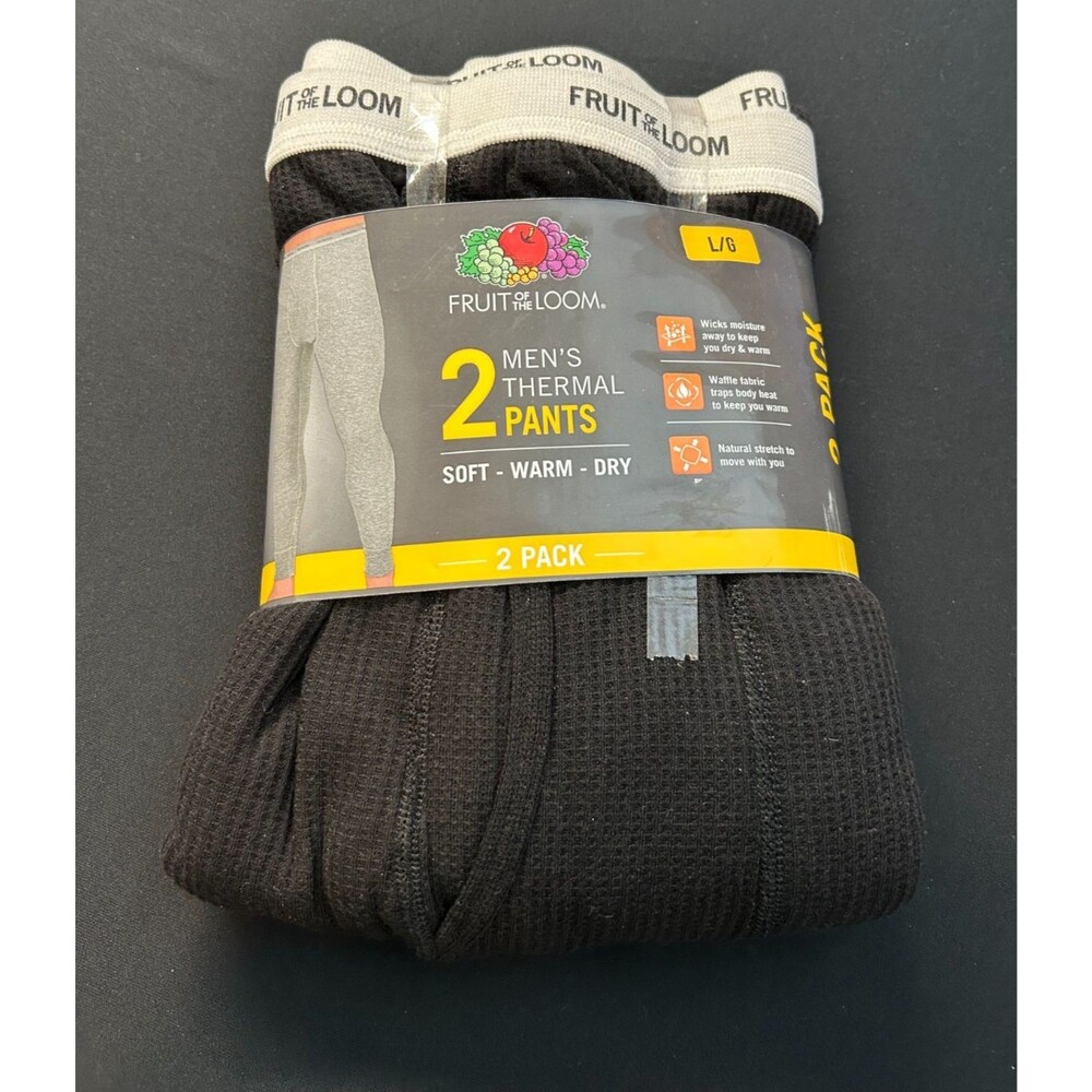 Fruit of the Loom Thermal Pants Mens Large 2 Pack Black Waffle Long Johns NWT